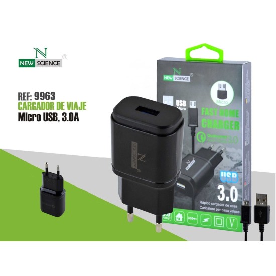 CARREDADOR NEW SCIENCE MICRO USB 8600 V8 3.0A REF: 9963 PRETO CARREDADOR NEW SCIENCE MICRO USB 8600 V8 3.0A REF: 9963 PRETO